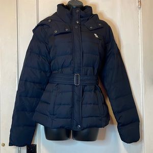Abercrombie & Fitch Navy Blue Belted Hooded Down Puffer Jacket Size L
